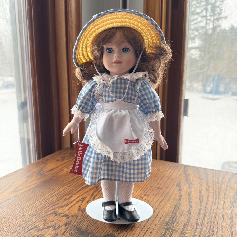 Vintage 1990s Little Debbie Snack Cakes Doll Gingham Dress Straw Hat‎ Stand
